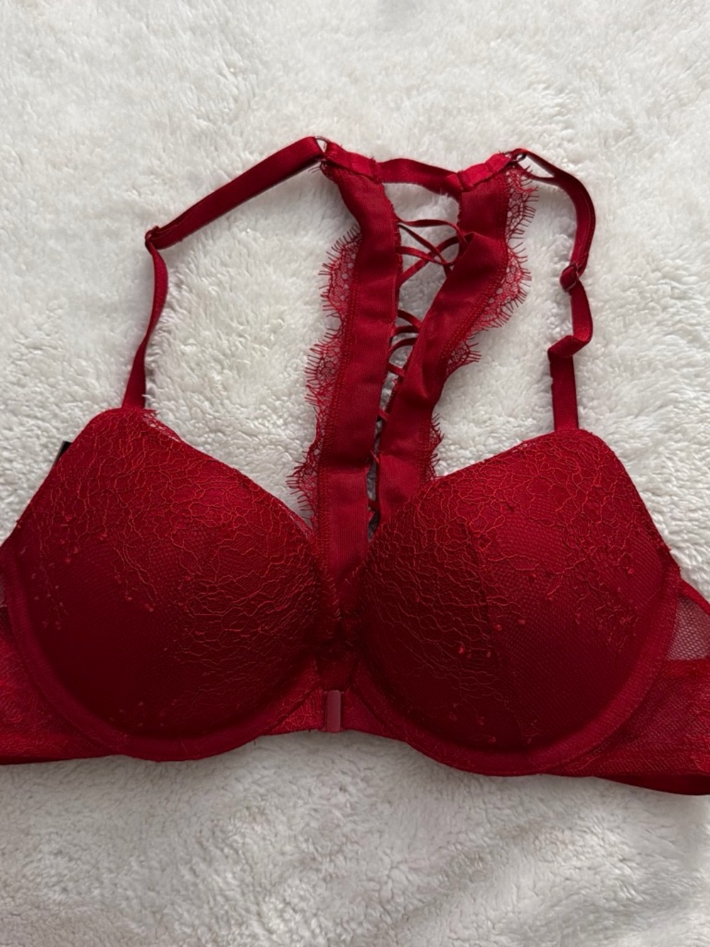 Victoria's Secret Red Lace Push-Up Bra with Decorative Back Straps